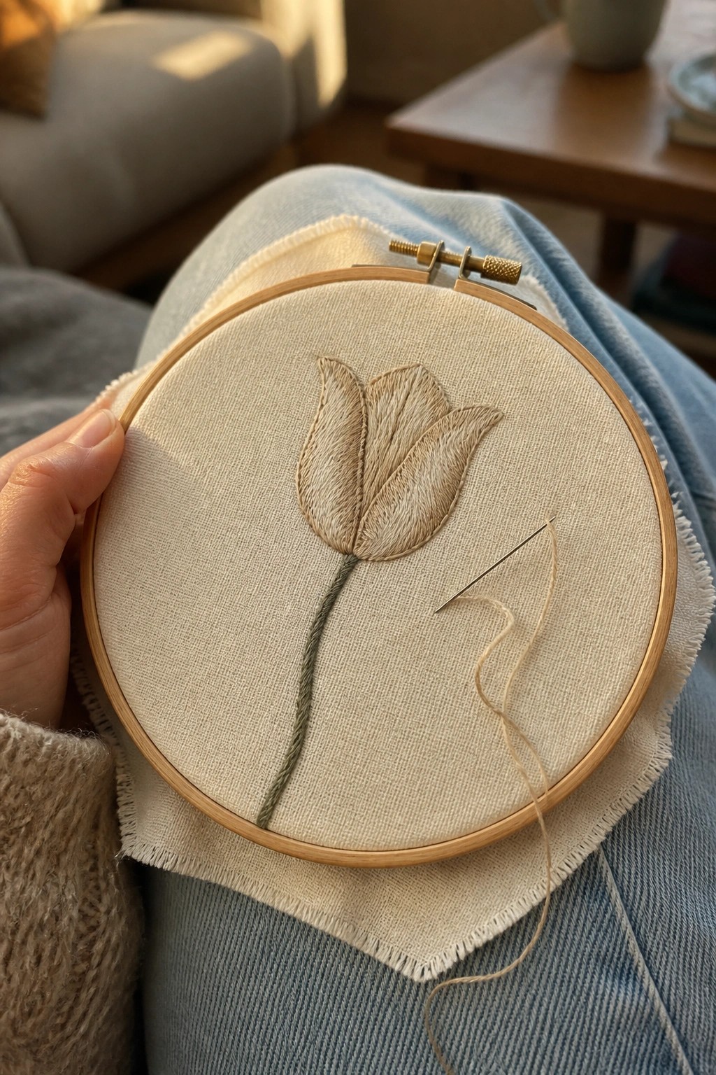 Hands holding wooden hoop with embroidered beige tulip over blue jeans in sunlight