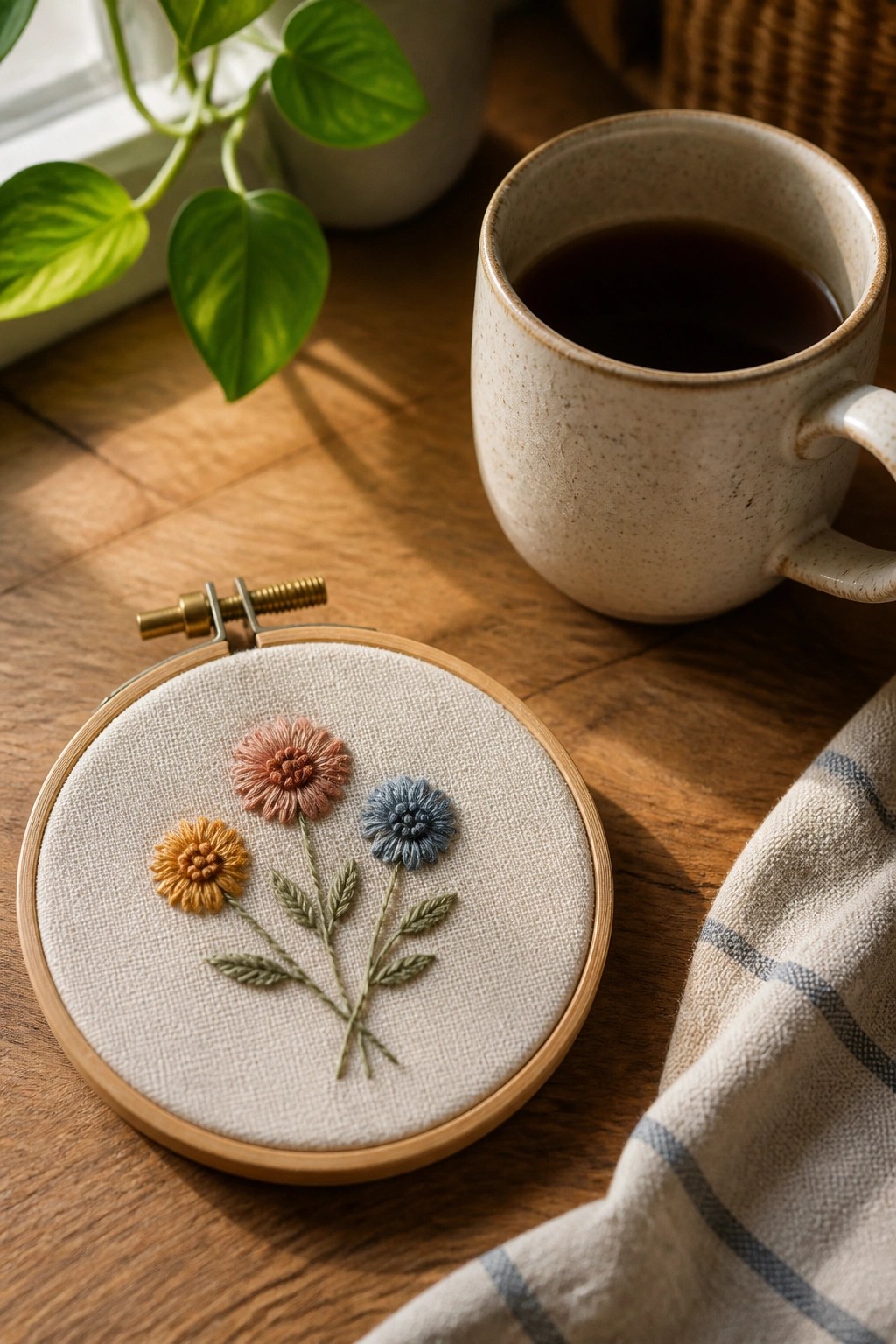 Floral embroidery hoop with coffee mug on wooden table near plant