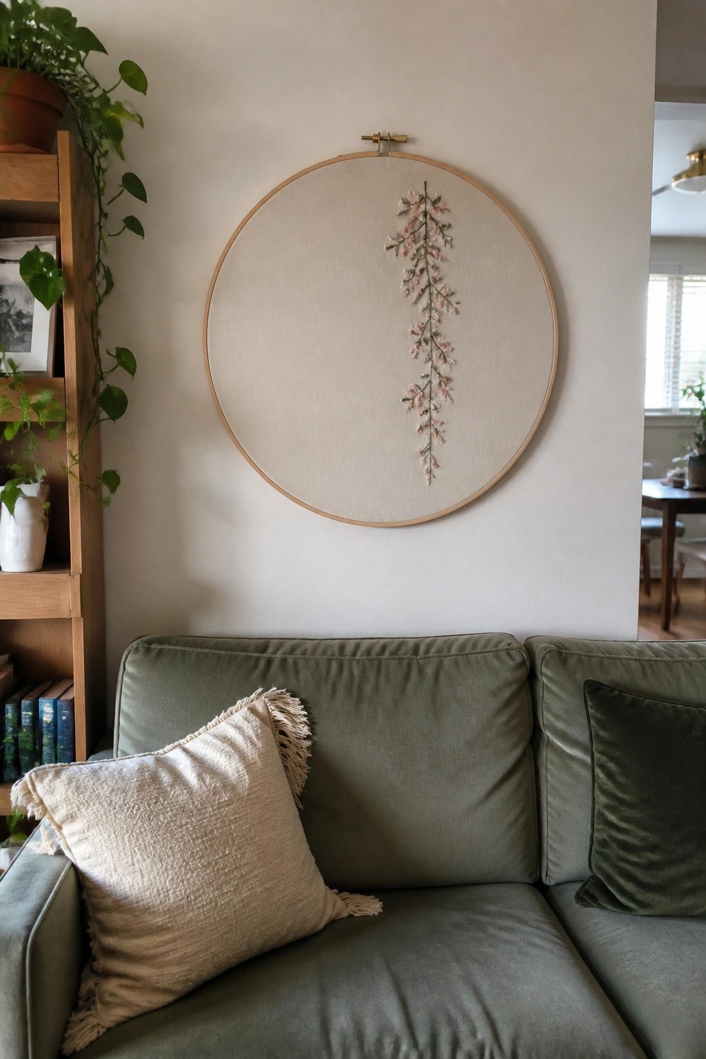 Pink floral embroidery in large hoop above green sofa with beige and velvet pillows