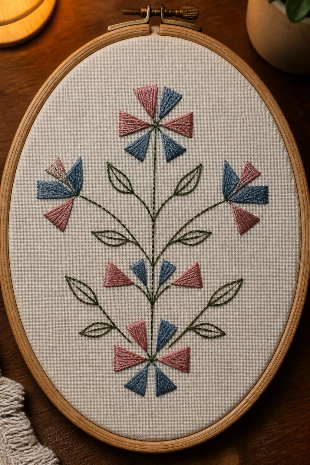 Pink and blue floral embroidery with green leaves in wooden hoop.