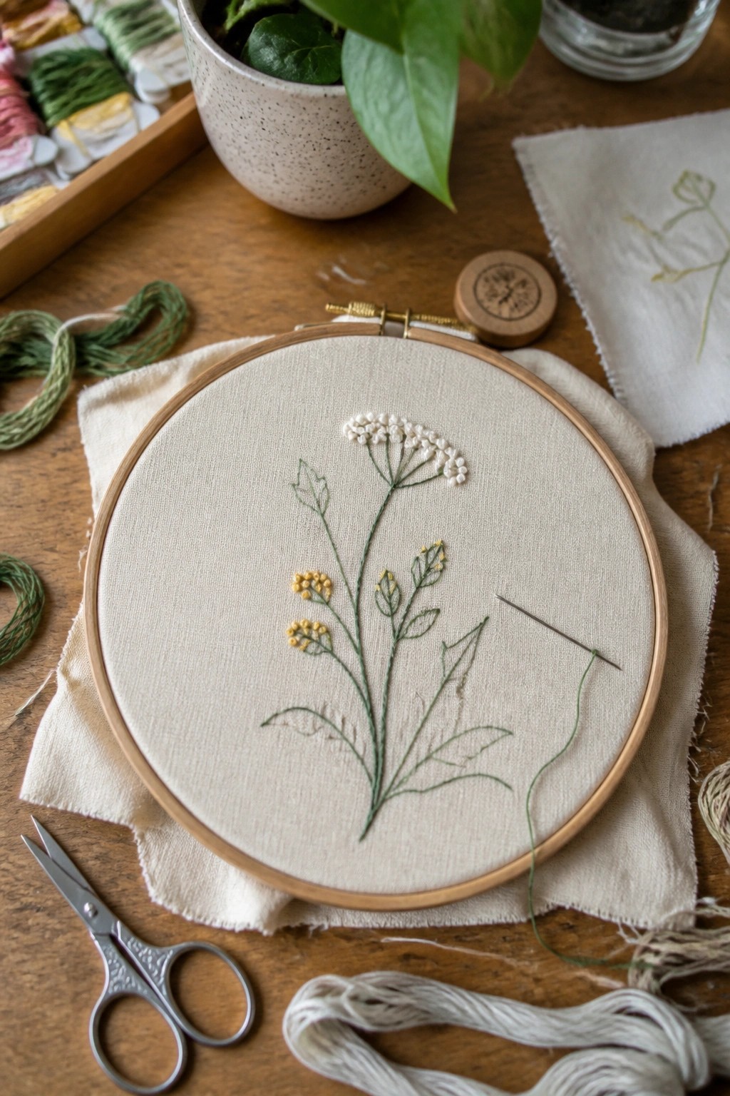 Embroidery hoop with green floral design, needle, threads, and scissors on wood table