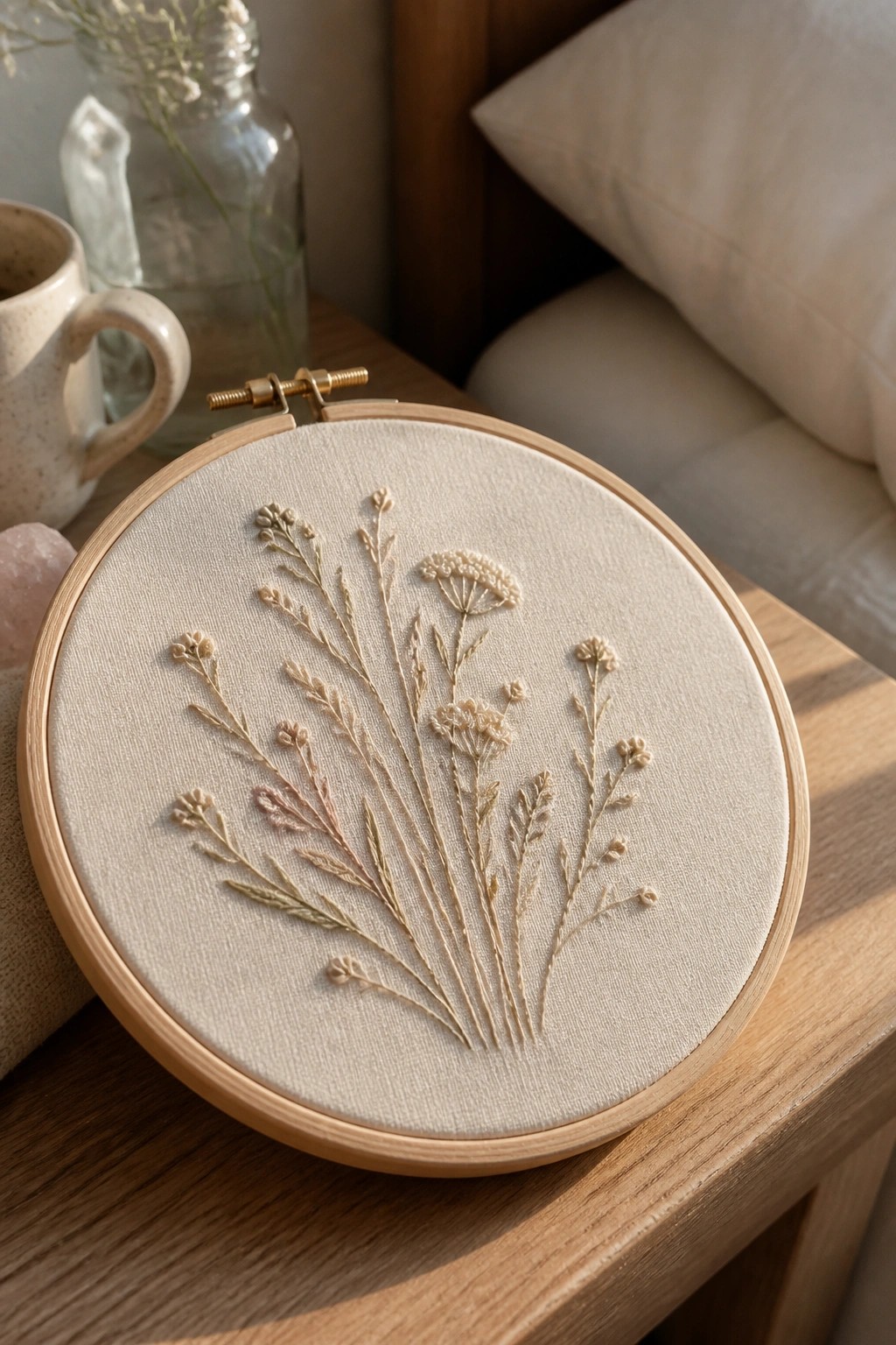 Embroidery hoop with off-white fabric and delicate wildflower stems in neutral thread colors.