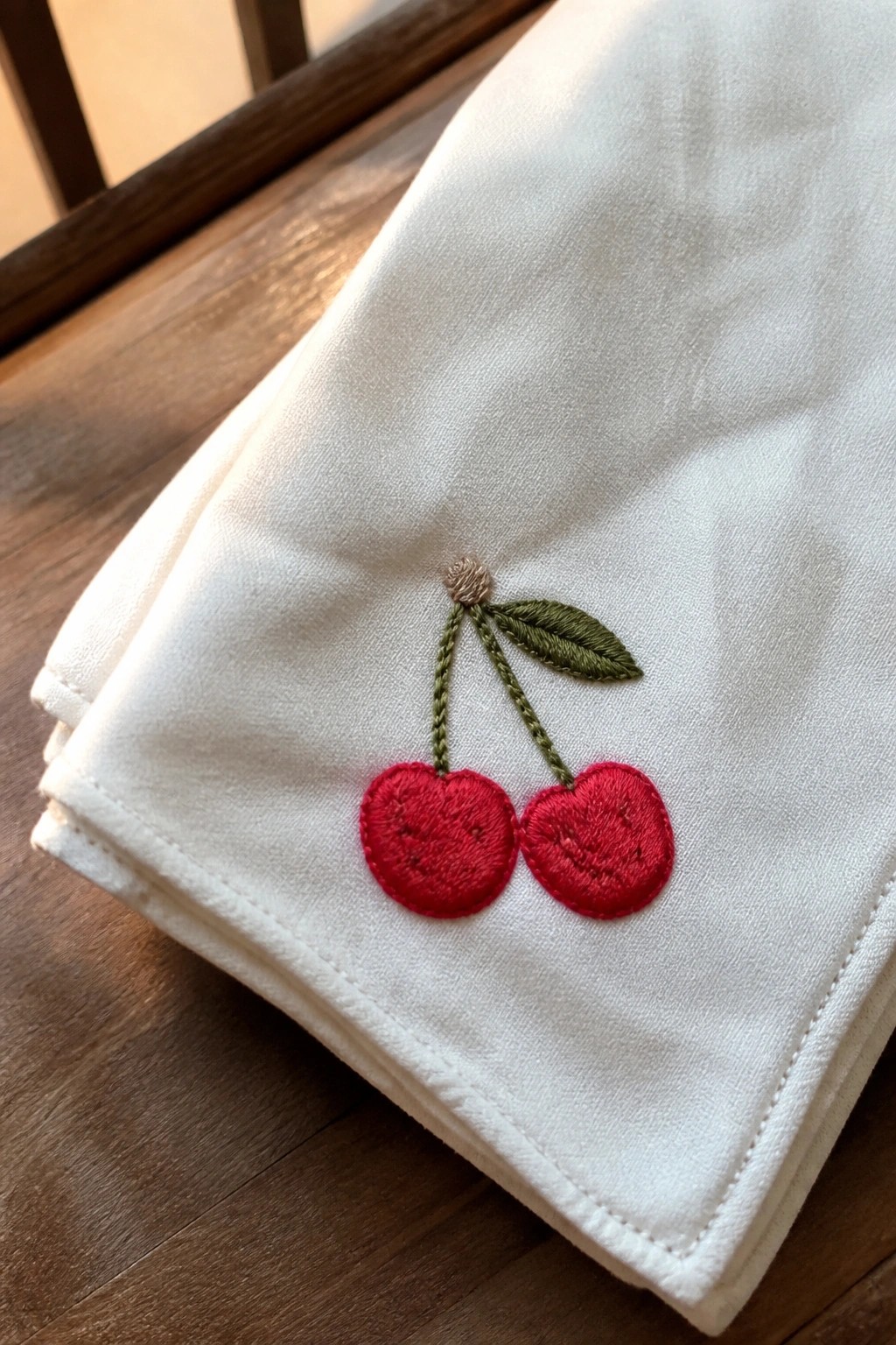 White napkin with red embroidered cherries and green stems on wooden table