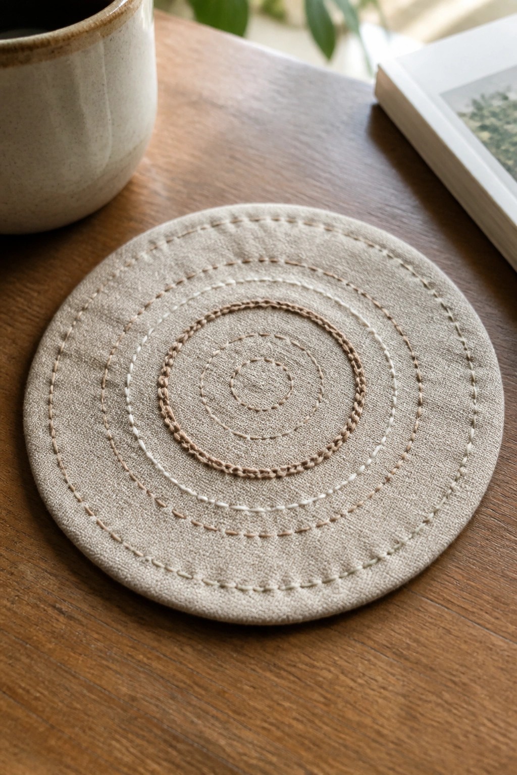 Beige embroidered coaster with concentric stitched circles on wooden table beside mug and book