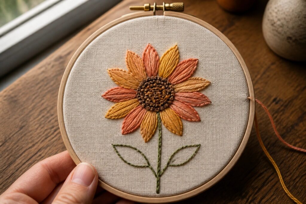 22 Simple Embroidery Hoop Art Projects for Practicing Essential Stitches Hand holding wooden hoop with embroidered sunflower of orange-yellow petals and green stem