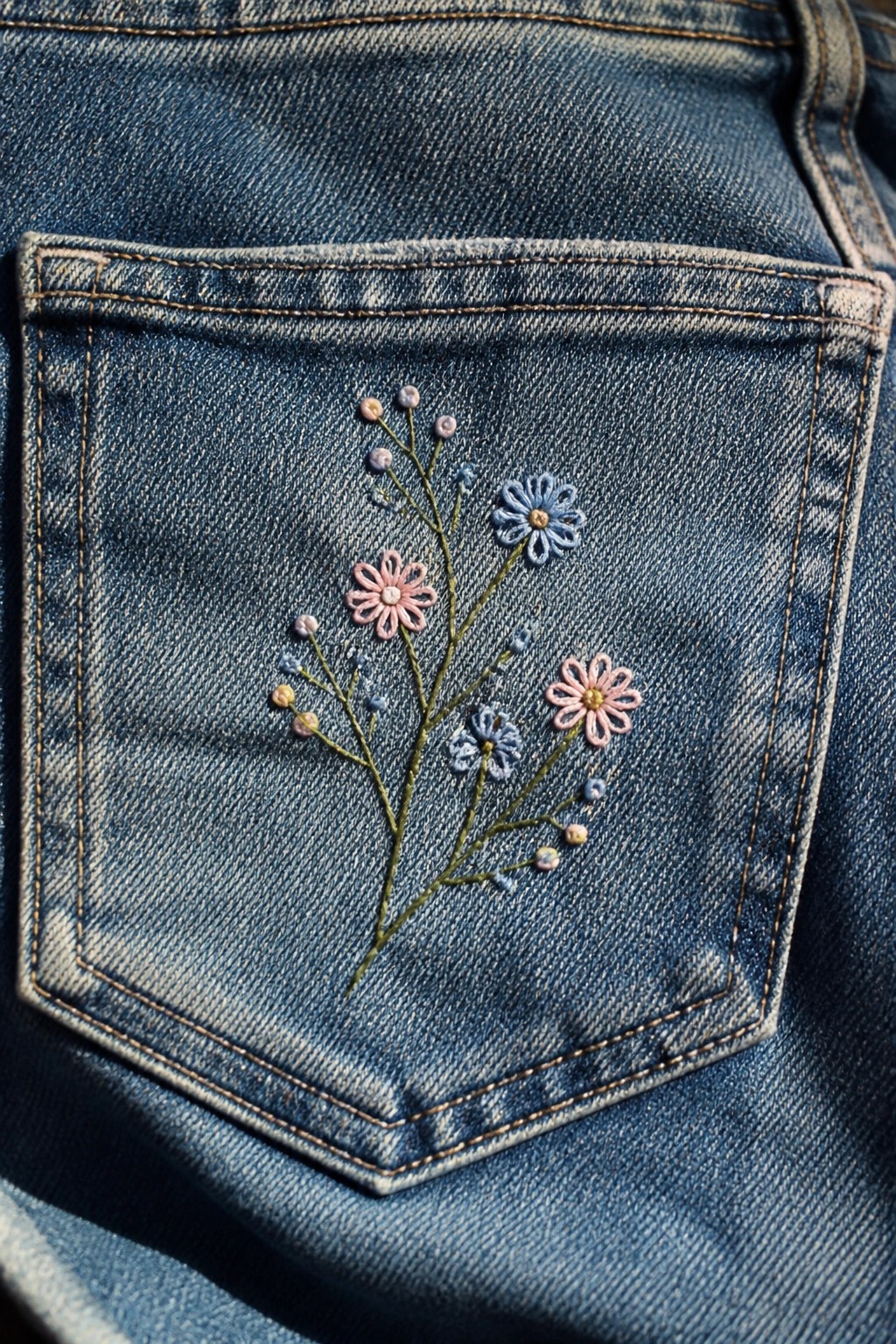 Close-up of blue denim jeans back pocket embroidered with small pink and blue flowers on green stems.