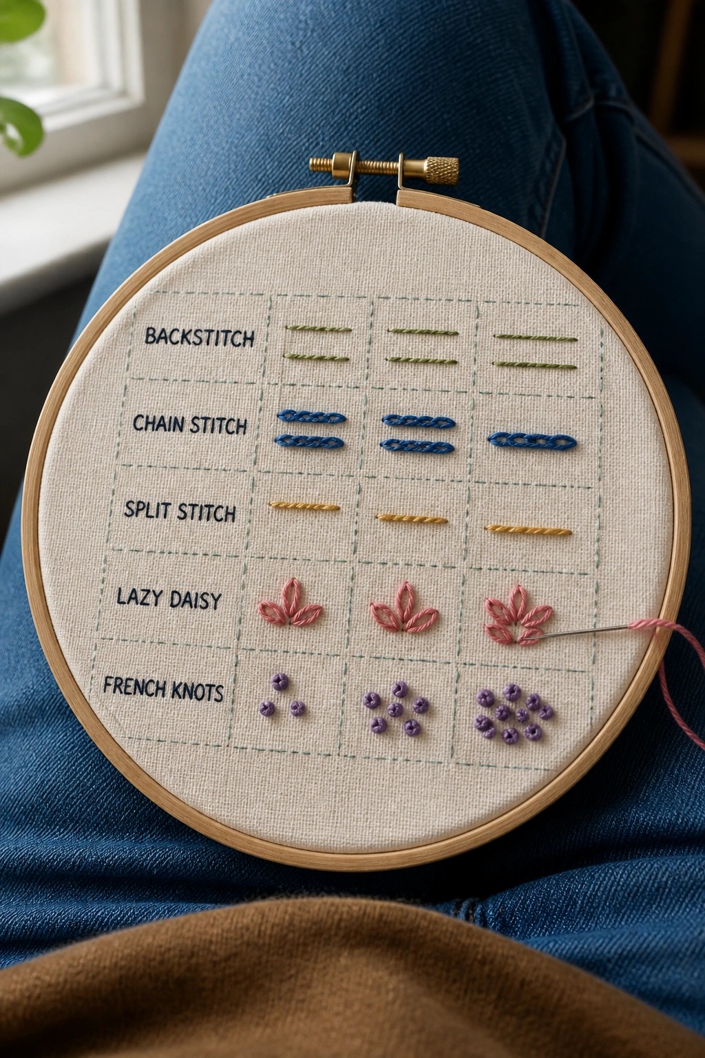 Embroidery hoop with labeled colorful stitches rests on lap in blue jeans.