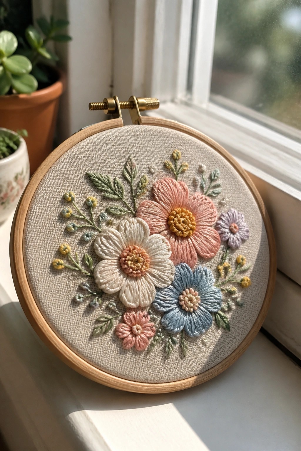 Embroidery hoop with a cluster of pink, white, blue, and purple flowers stitched on beige fabric resting on a windowsill.
