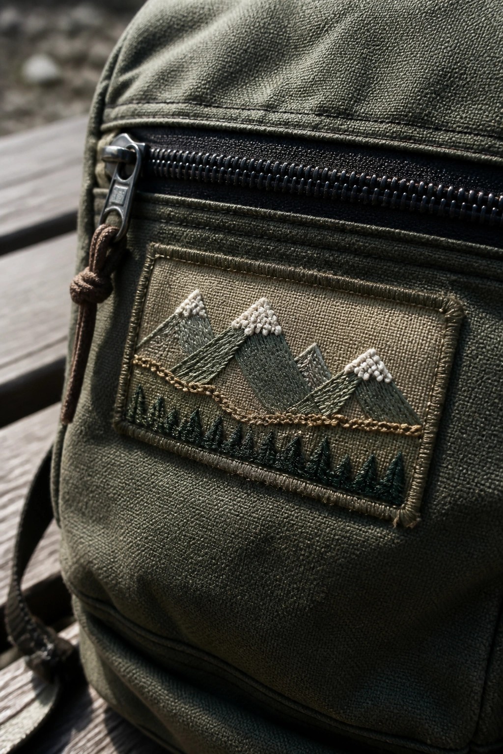 Green canvas bag with embroidered snow-capped mountains and trees above front pocket