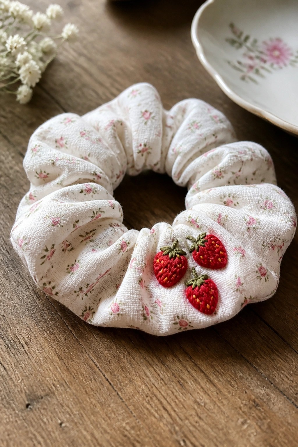 A white floral scrunchie with three embroidered red strawberries clustered on one section.