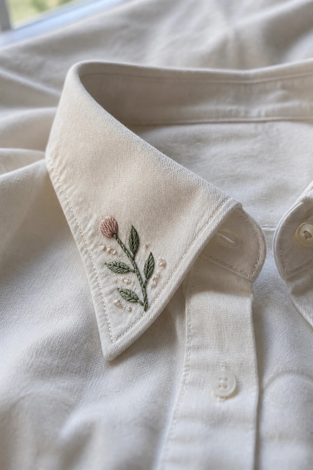 White button-up shirt collar with pink flower and green leaf embroidery.
