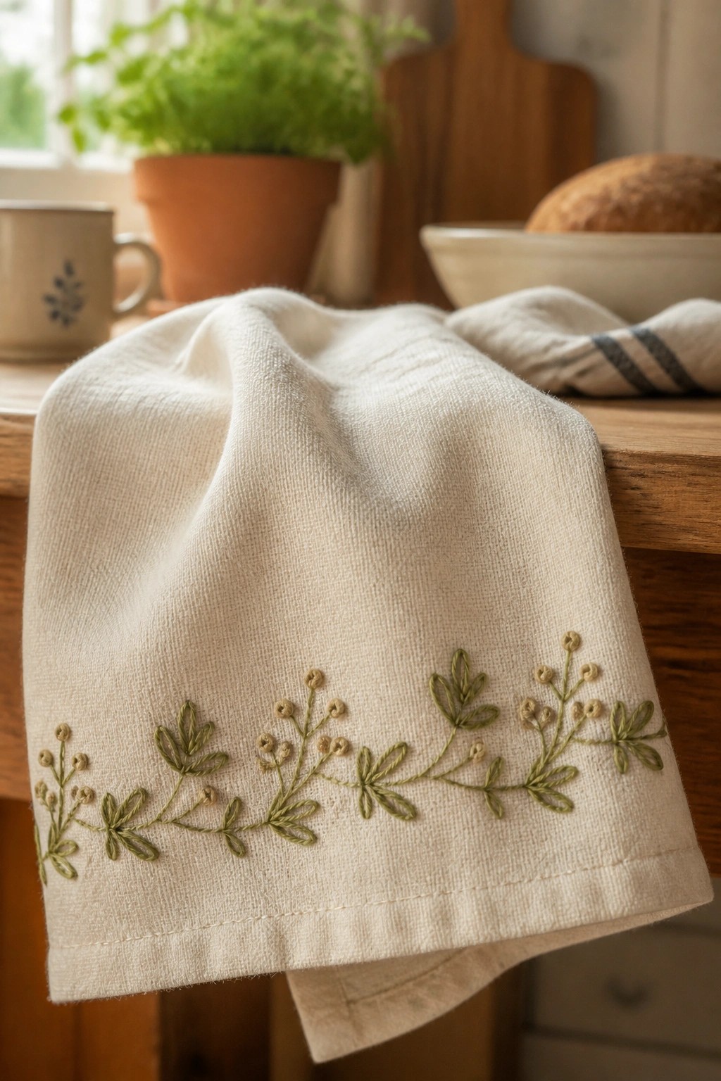 White embroidered cloth with green leaf pattern on rustic wooden table