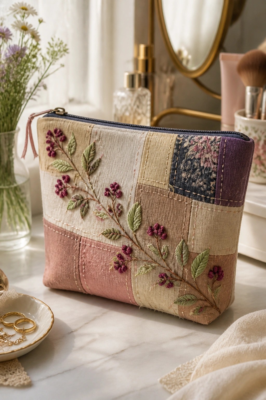 Patchwork embroidered pouch with floral designs on marble vanity countertop