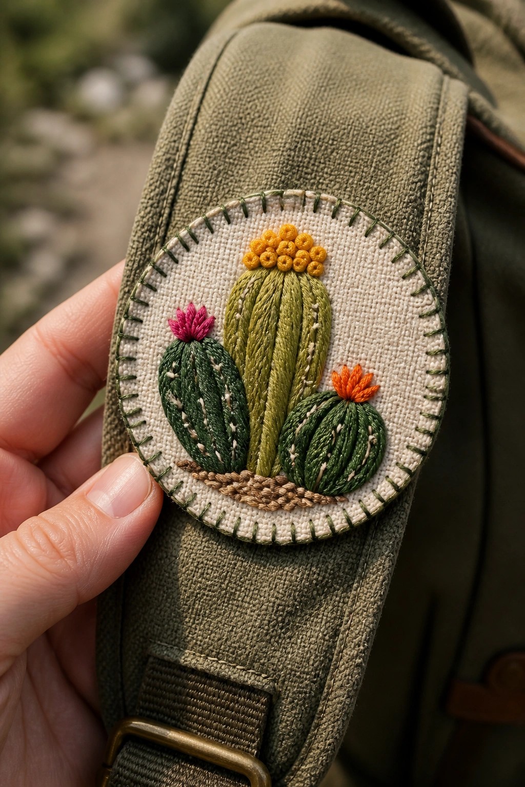Hand holding green strap with embroidered cactus patch of pink and orange blooms.
