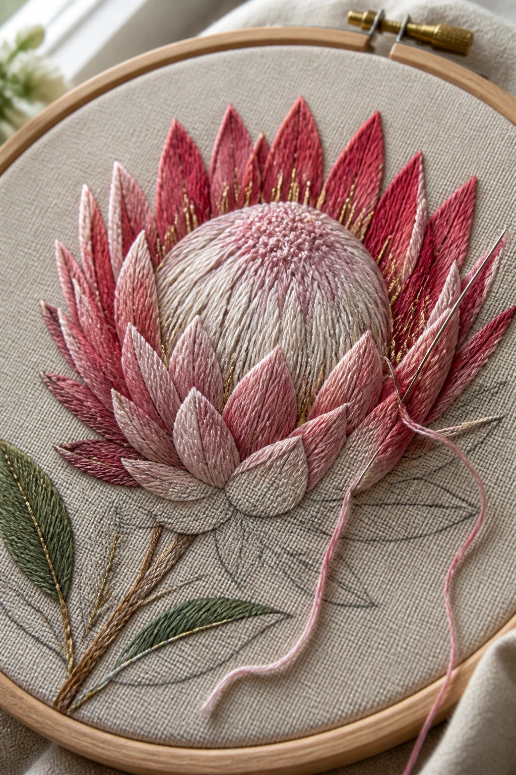 Pink protea flower embroidery in wooden hoop with needle and thread