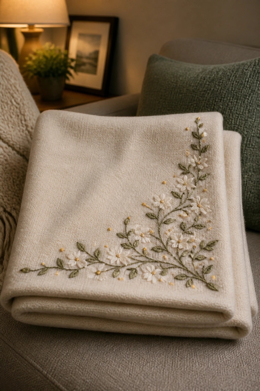 Cream-colored folded blanket with white floral embroidery on gray couch near green pillow