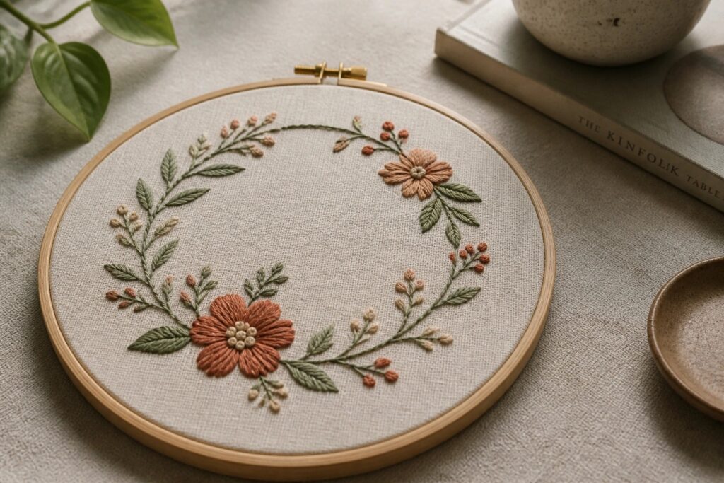22 Unique Modern Embroidery Ideas Centered on Botanical Motifs Floral wreath embroidery in peach and green threads within a wooden hoop on fabric