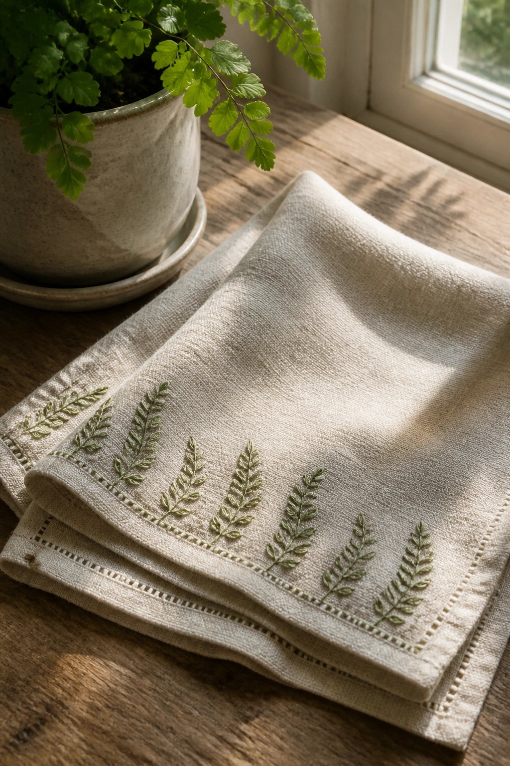 Beige linen napkin with green fern embroidery beside potted plant on wooden table.