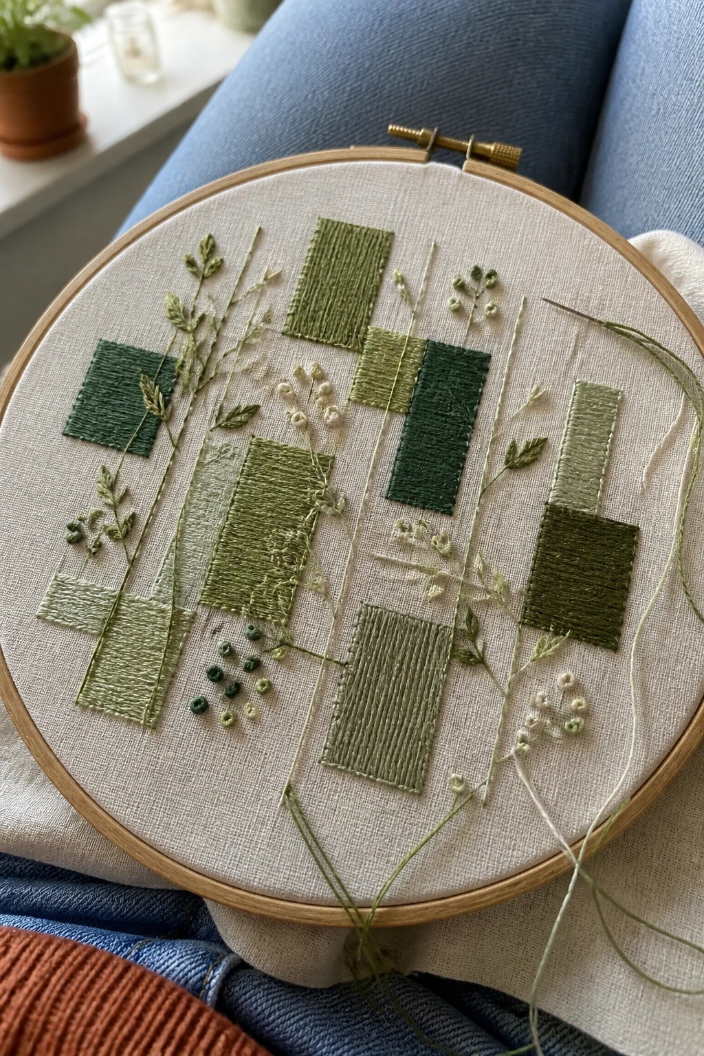 Green embroidered rectangles and plants in wooden hoop on denim lap with orange sweater.