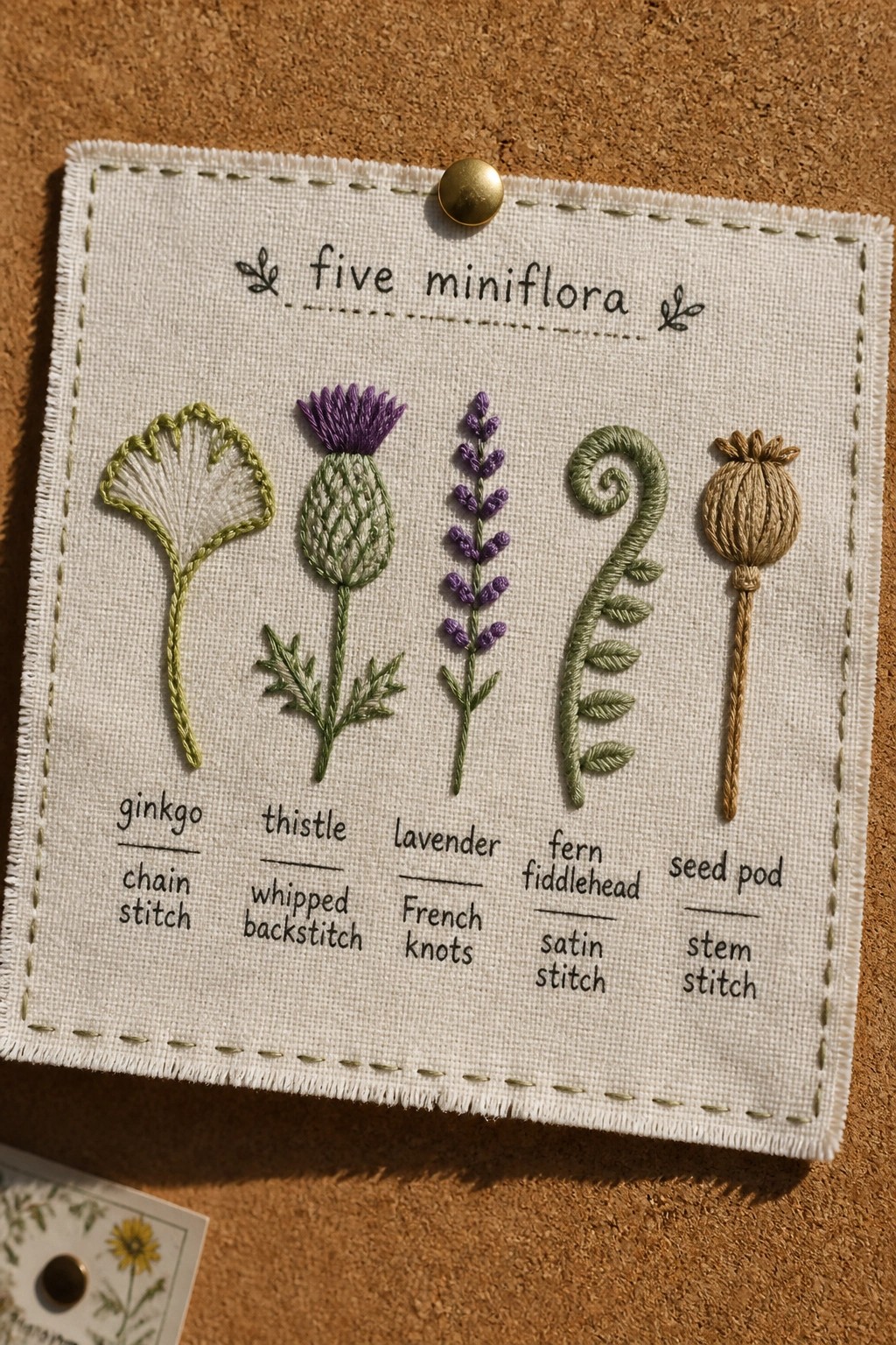 Fabric sample pinned to corkboard with five embroidered plants labeled ginkgo, thistle, lavender, fern fiddlehead, and seed pod along with their stitch names.