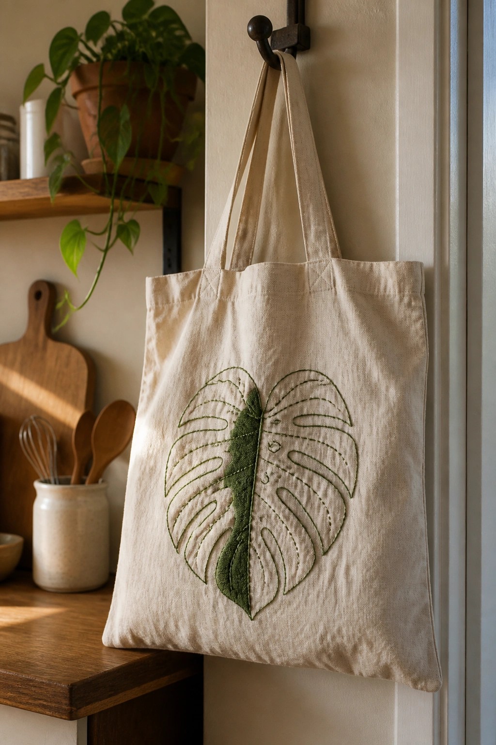 Beige canvas tote bag with embroidered green monstera leaf hanging on hook