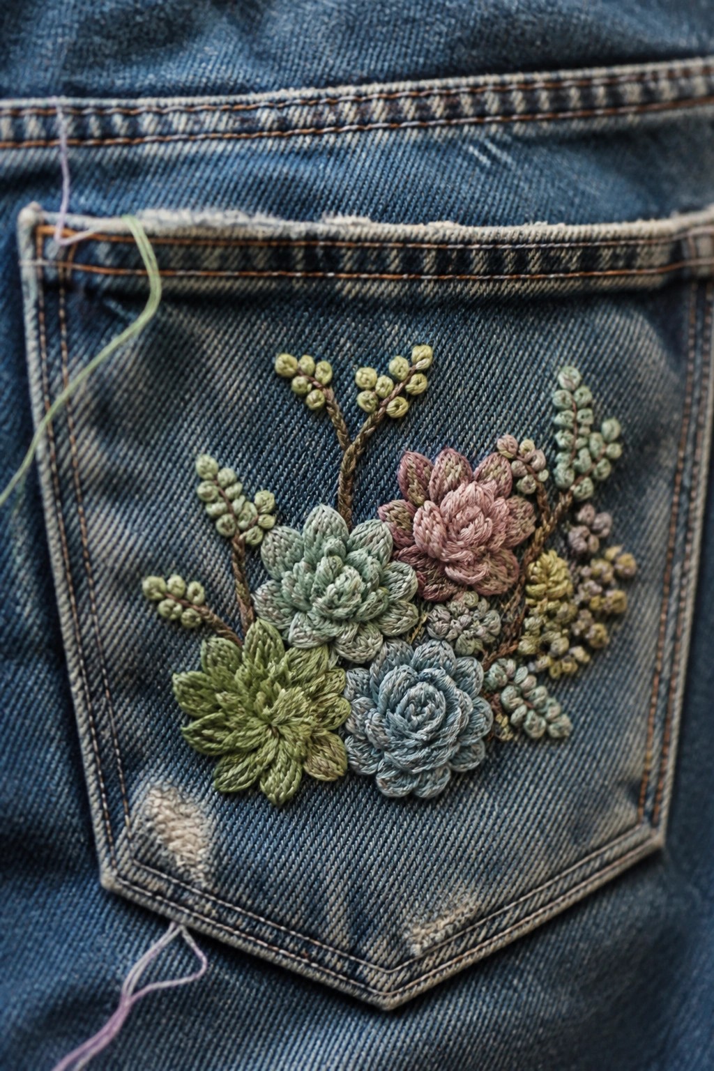 Embroidered succulents and flowers on a blue denim jeans pocket