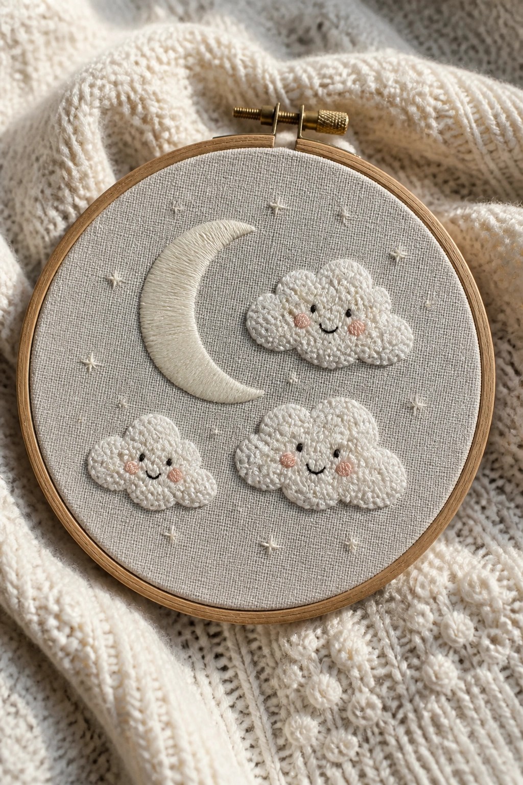 Wooden hoop with embroidered crescent moon, smiling clouds, and stars on fabric.