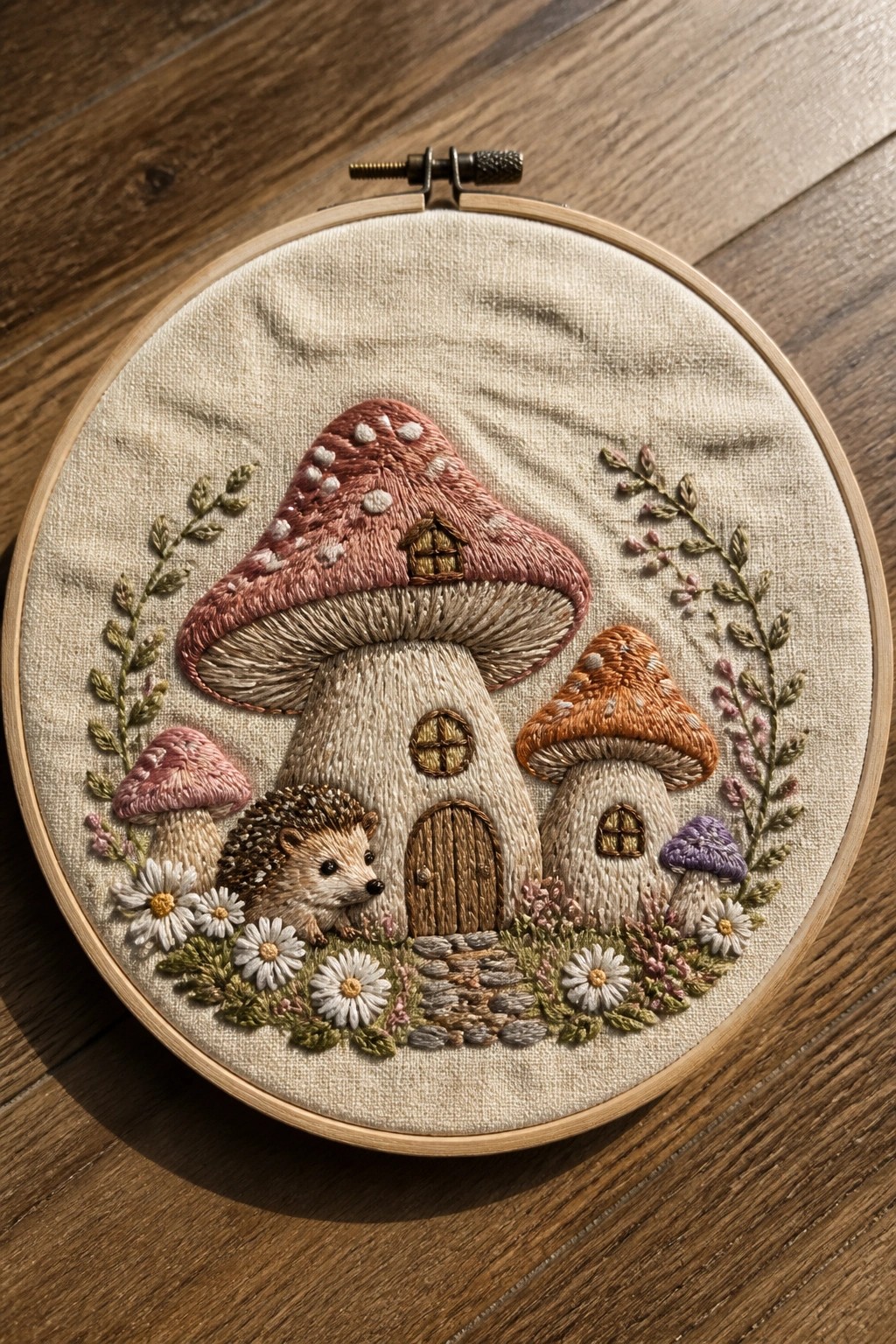 Embroidered hoop with mushroom houses, hedgehog, daisies, and floral vines on fabric.