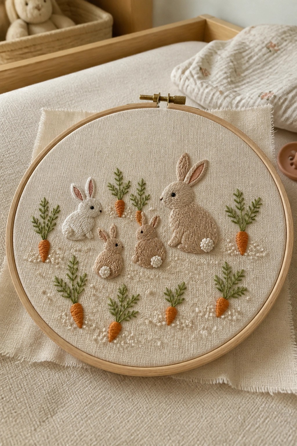 Embroidered rabbits and carrots in soft neutrals fill a wooden hoop.