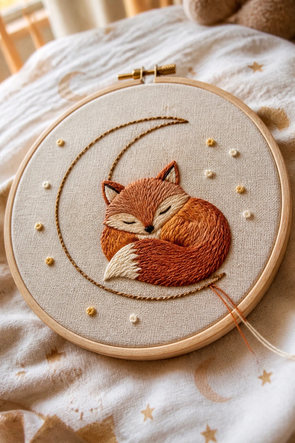An embroidery hoop with a sleeping fox curled on a crescent moon and small stars on beige fabric.
