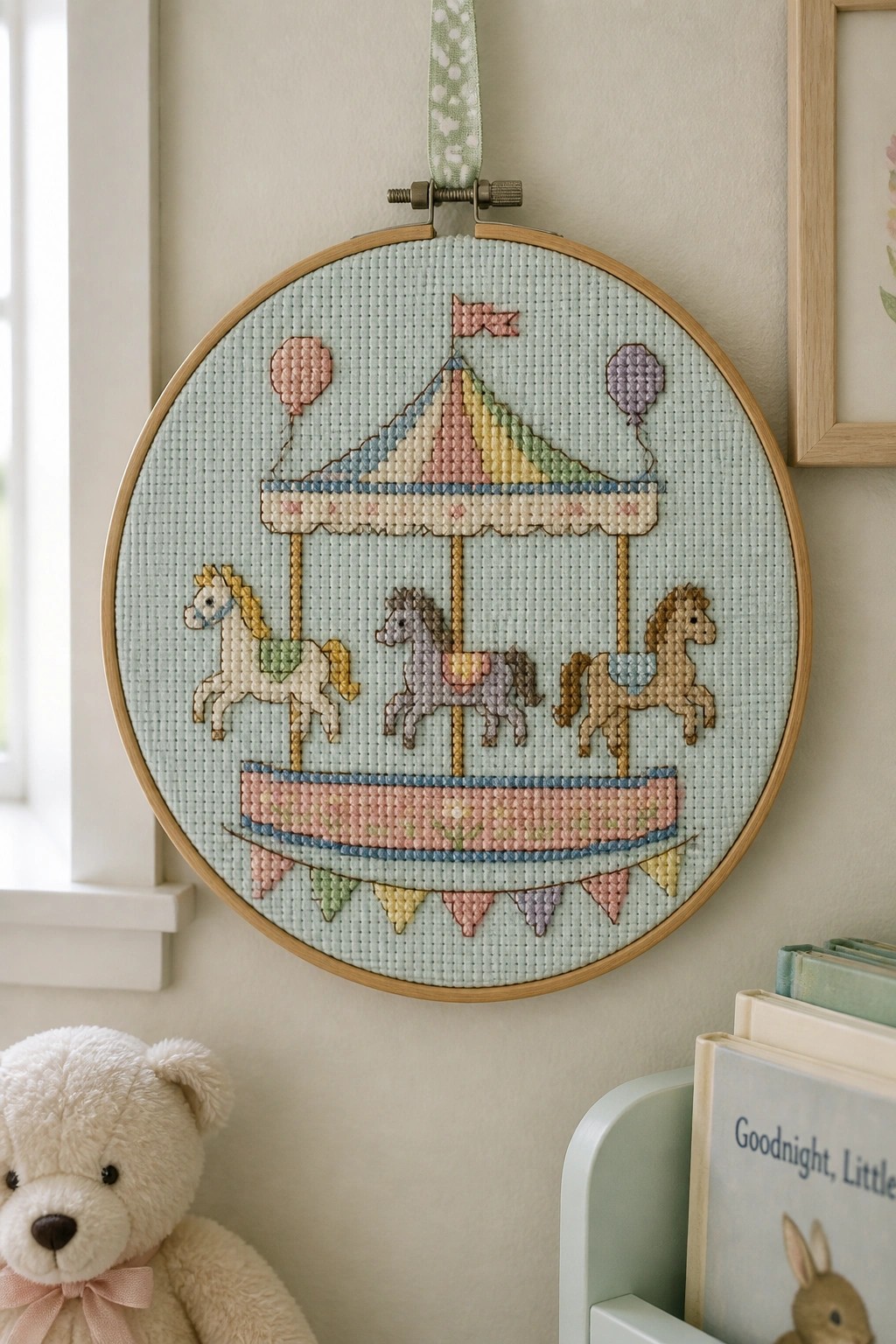 Pastel cross-stitch carousel with three horses in wooden hoop above teddy bear and books