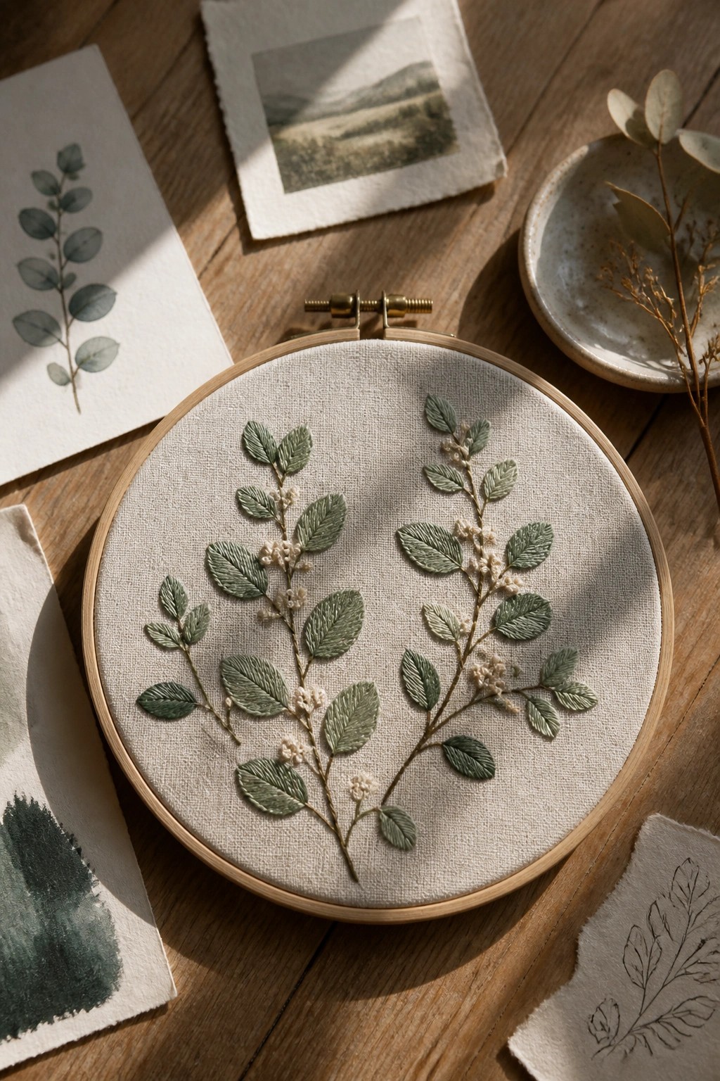 Green embroidered branches in wooden hoop amid botanical papers and dried plants on wood.