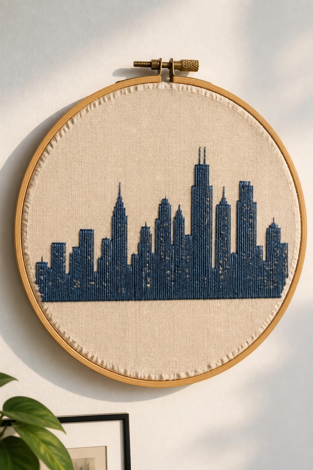Wooden embroidery hoop with blue city skyline stitched on beige fabric against white wall.
