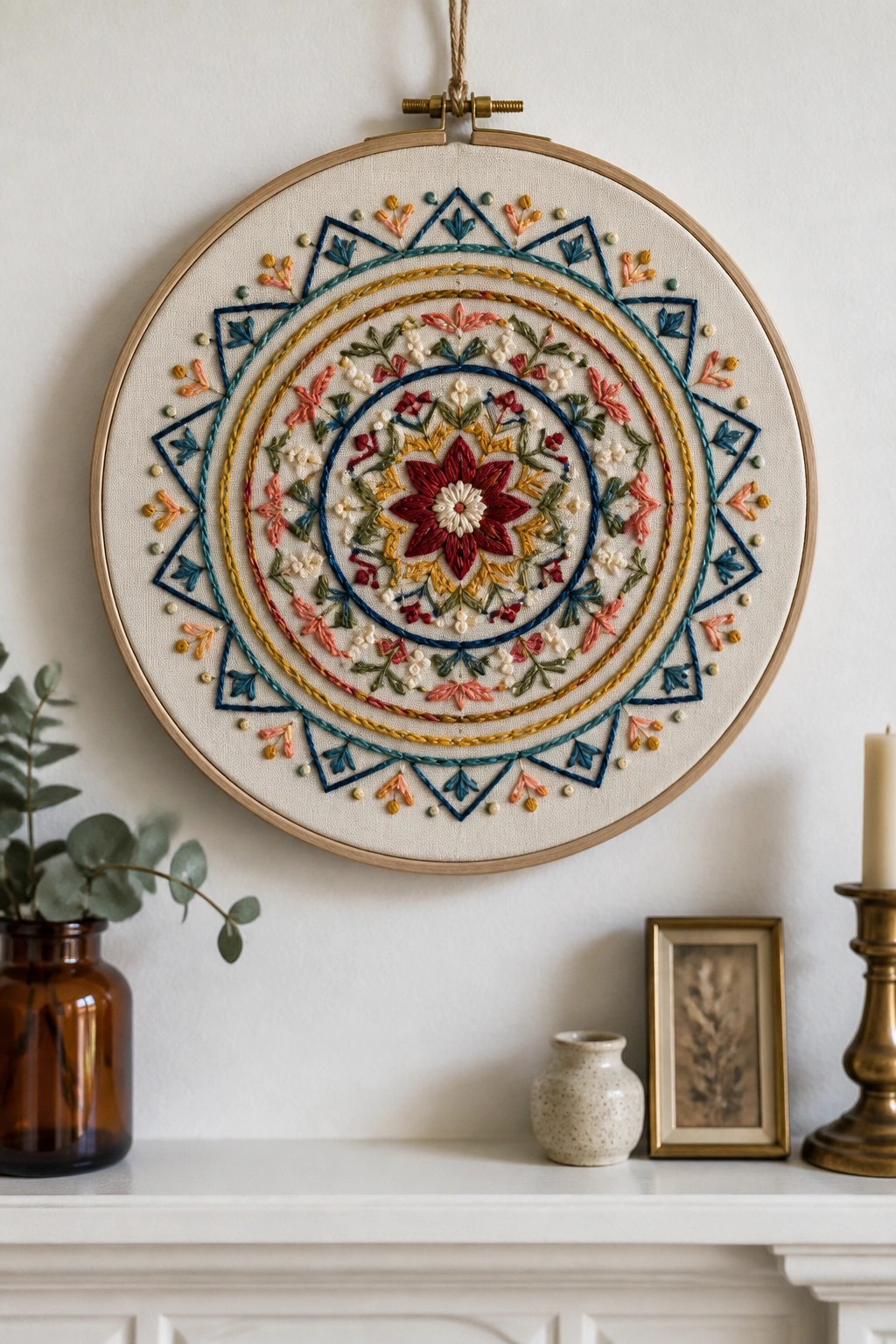 Colorful embroidered mandala in hoop above white mantel with vases and candle