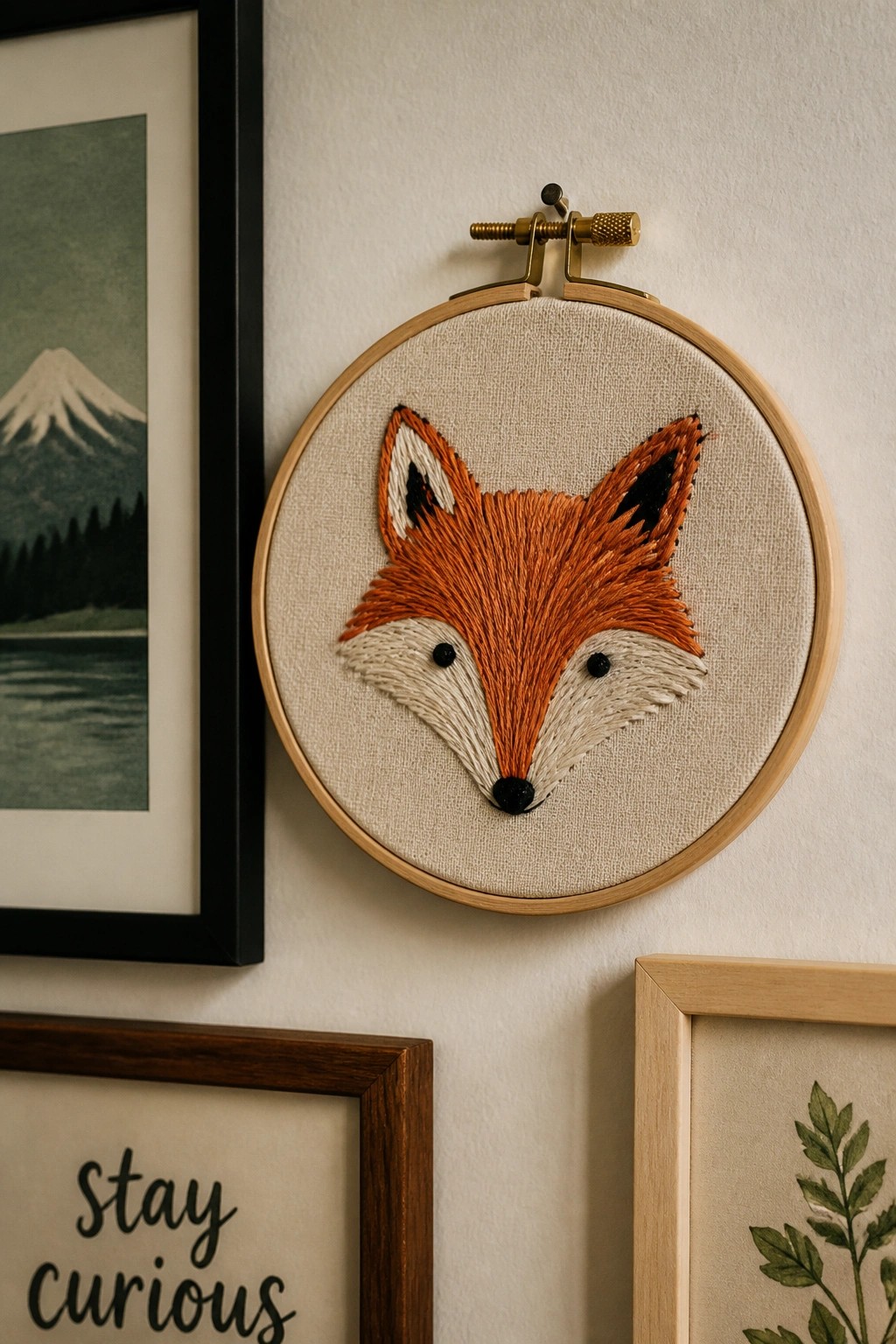 Embroidered orange-and-white fox head in wooden hoop on wall with framed art