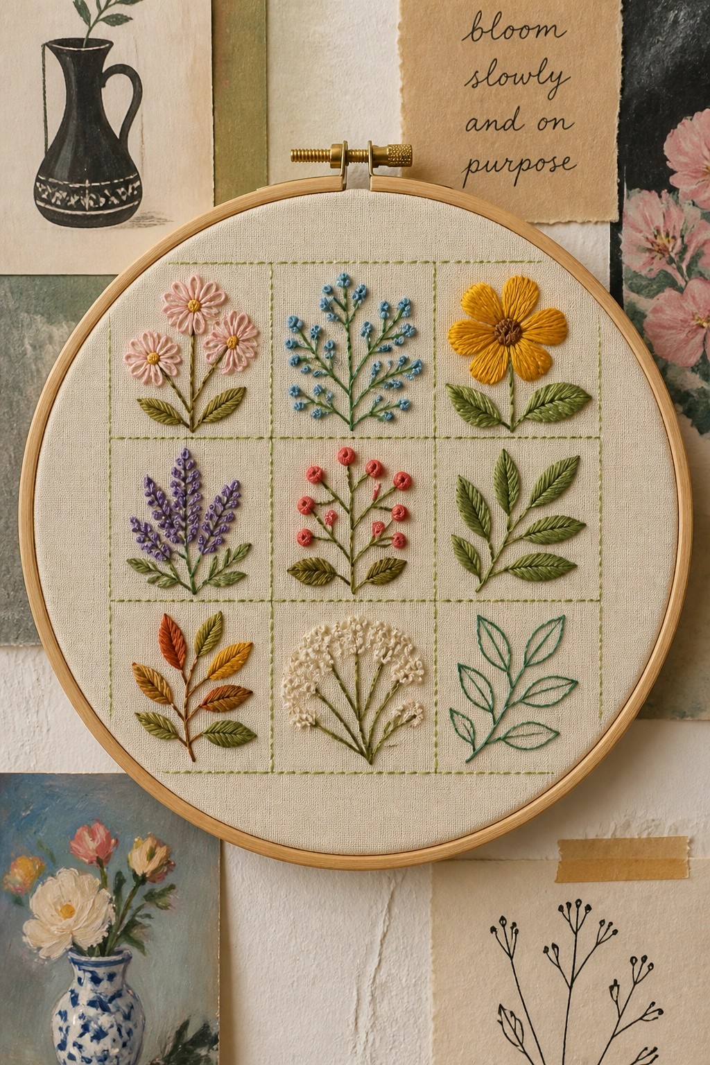 Wooden hoop with nine colorful embroidered flowers and plants in a grid.
