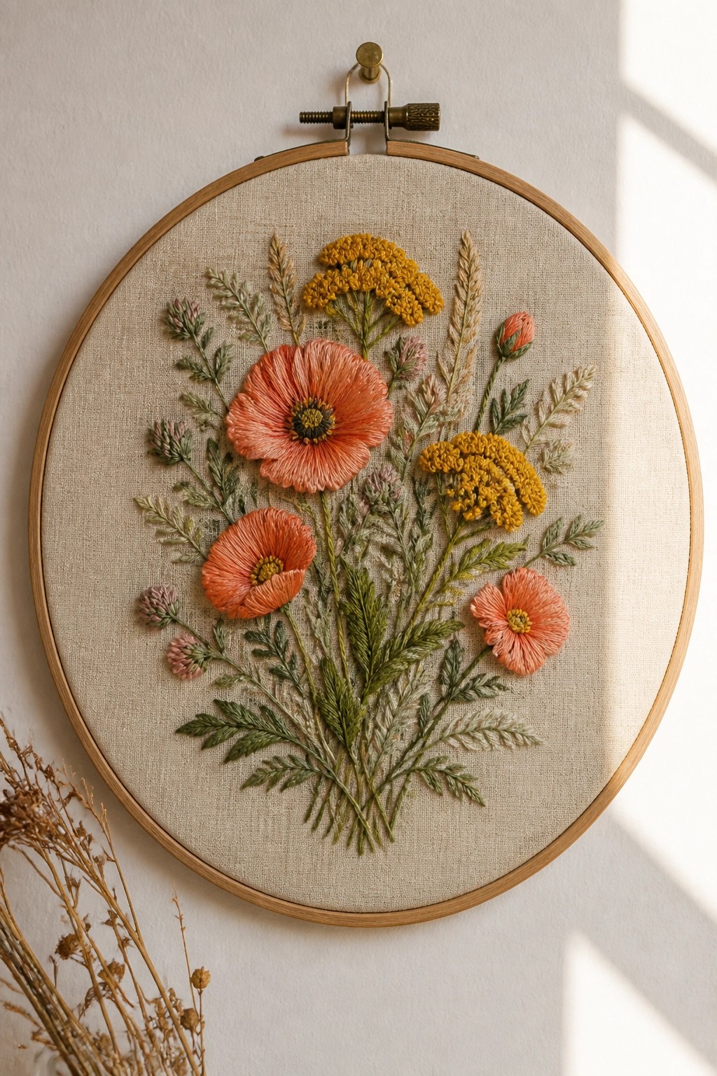 Wooden embroidery hoop displaying orange poppies, yellow blooms, and green foliage.