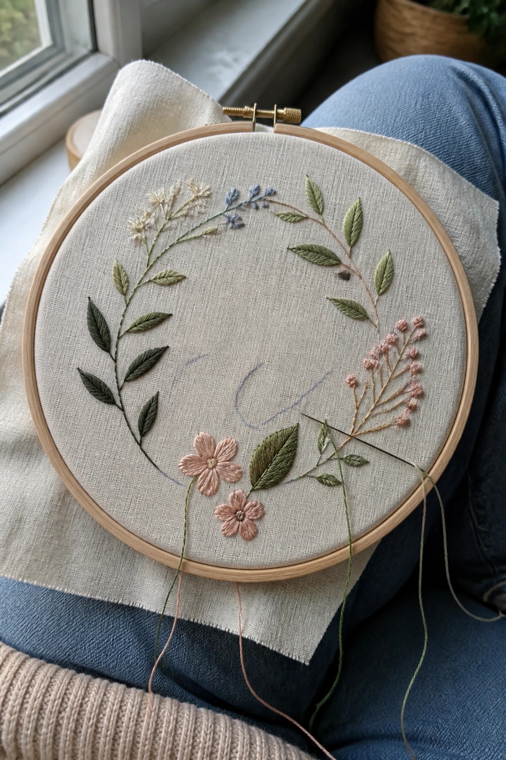 Embroidery hoop with pink flowers and leaves on blue jeans and beige sweater