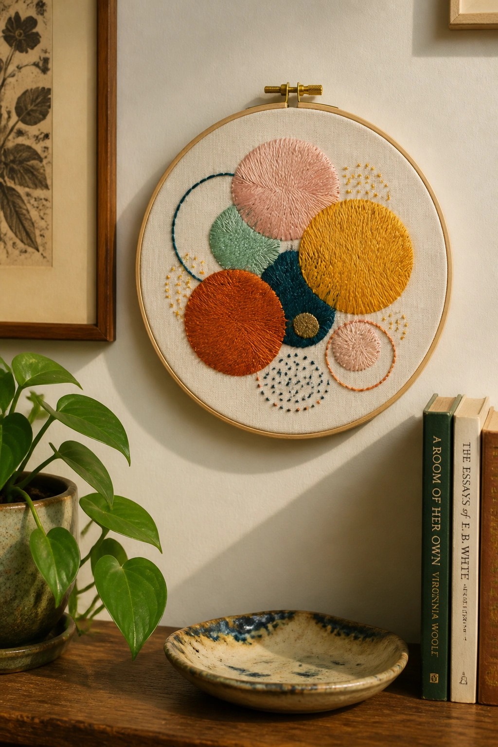 Embroidered hoop with colorful circles above shelf with books, bowl, and plant.