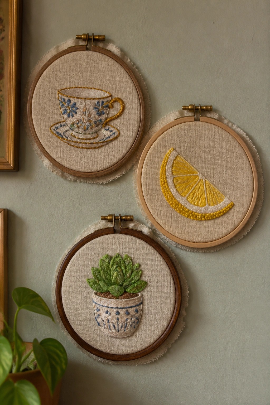 Three embroidery hoops with teacup, lemon slice, and potted succulent designs.