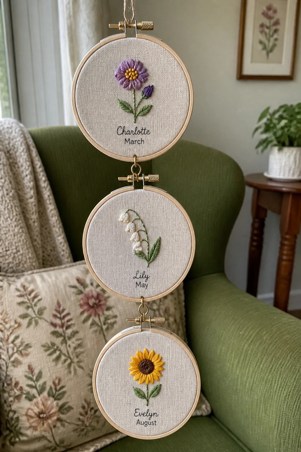 Three stacked embroidery hoops with flowers, names Charlotte, Lily, Evelyn, and months on green sofa.