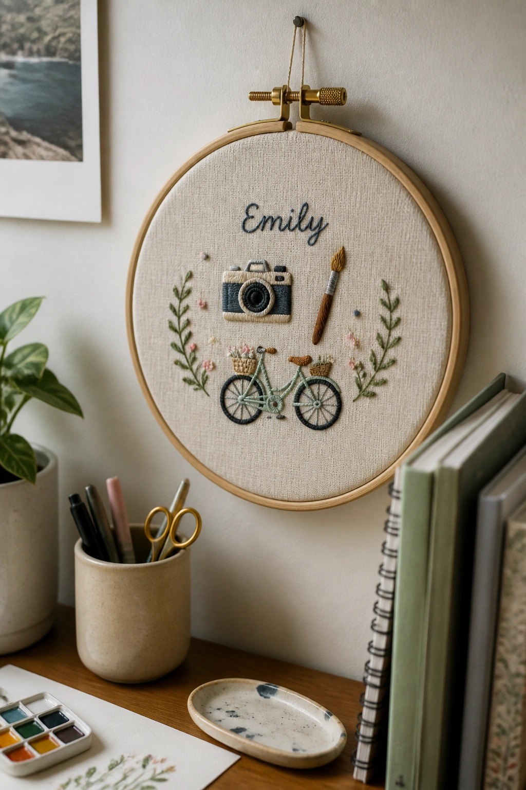 An embroidery hoop with the name Emily, a camera, a bicycle, a paintbrush, and leafy branches stitched on beige fabric.