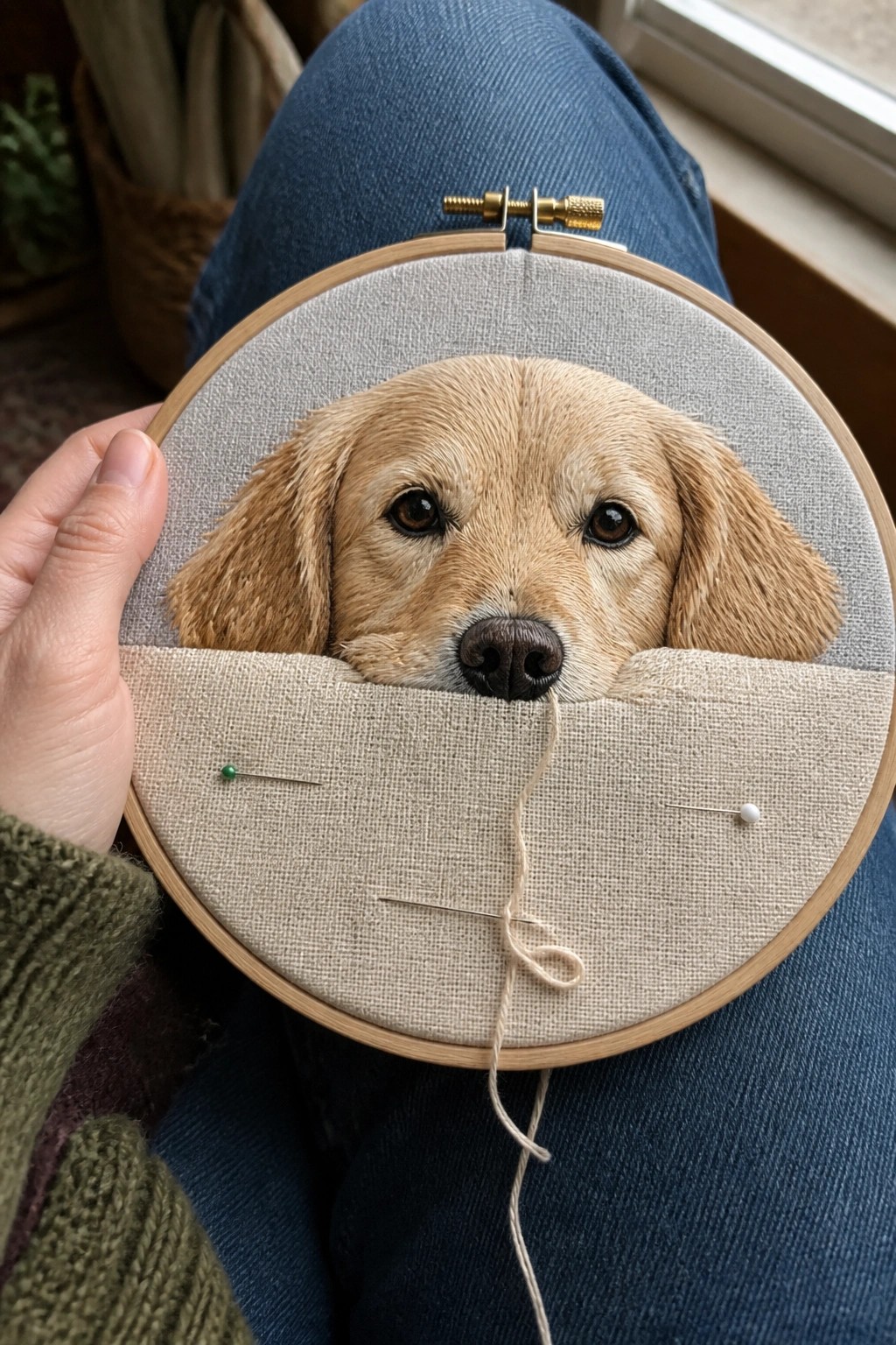 Hand holding hoop with embroidered golden retriever peeking from beige fabric over jeans