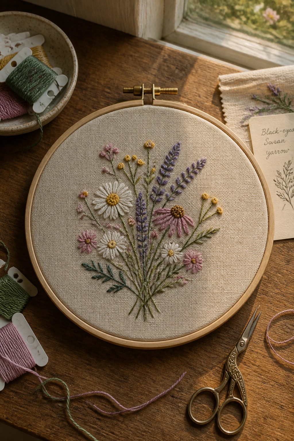 Embroidery hoop holding a central bouquet of white daisies, purple lavender, and pink flowers on beige fabric with threads and scissors nearby.