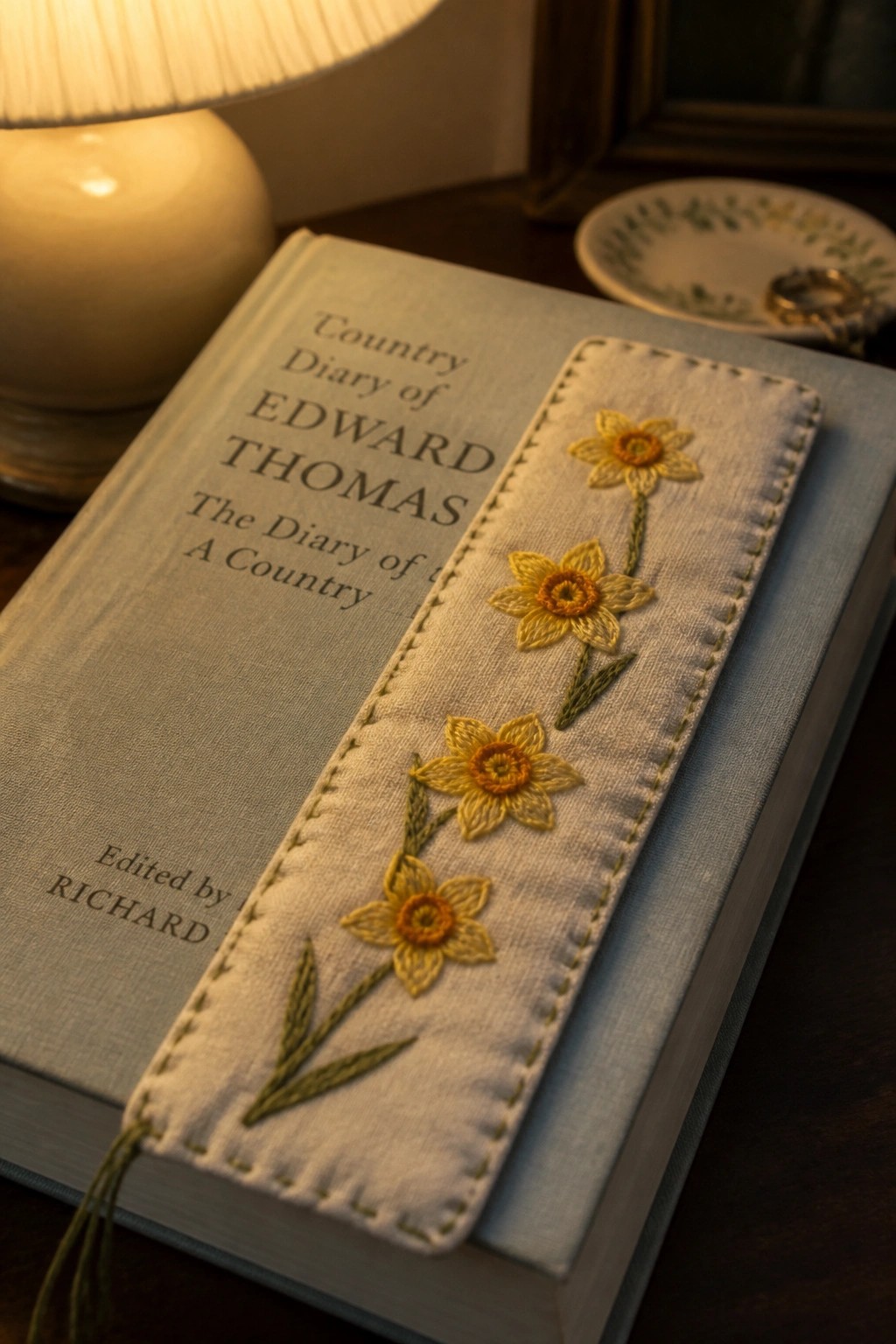 A fabric bookmark embroidered with four yellow daffodils rests on a light blue book.