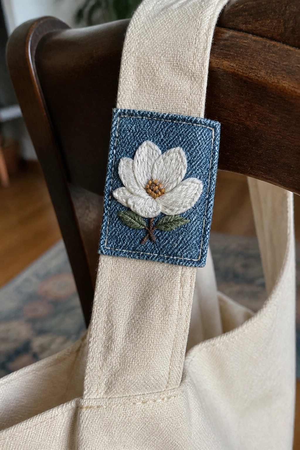 Blue denim patch with white magnolia embroidery on beige canvas strap
