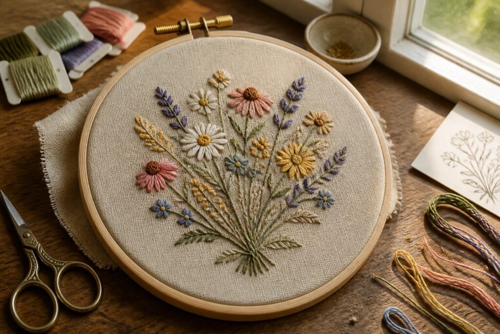 Embroidery hoop holding a central bouquet of white daisies, purple lavender, and pink flowers on beige fabric with threads and scissors nearby.