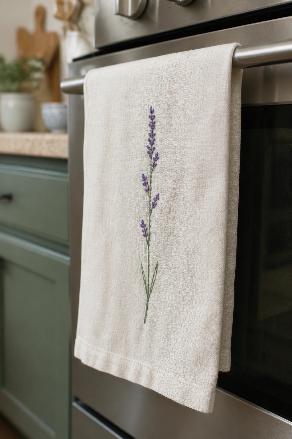 White towel with purple lavender embroidery hanging on stainless steel oven handle