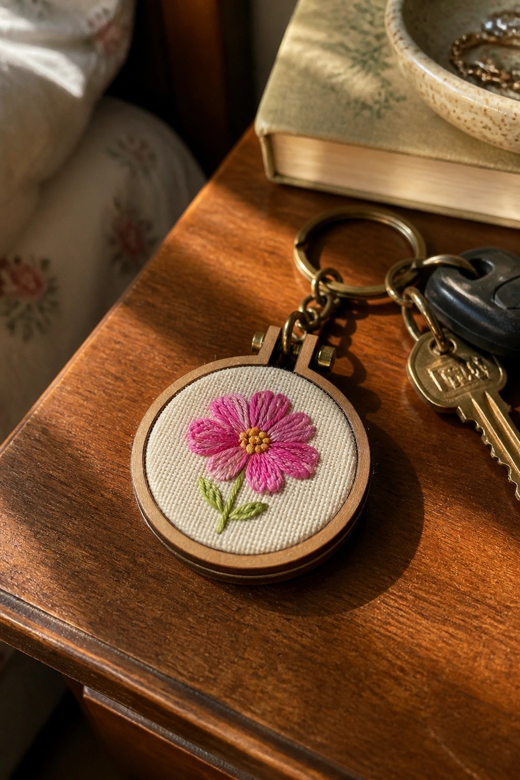 Pink embroidered flower in tiny hoop keychain on wooden table with keys