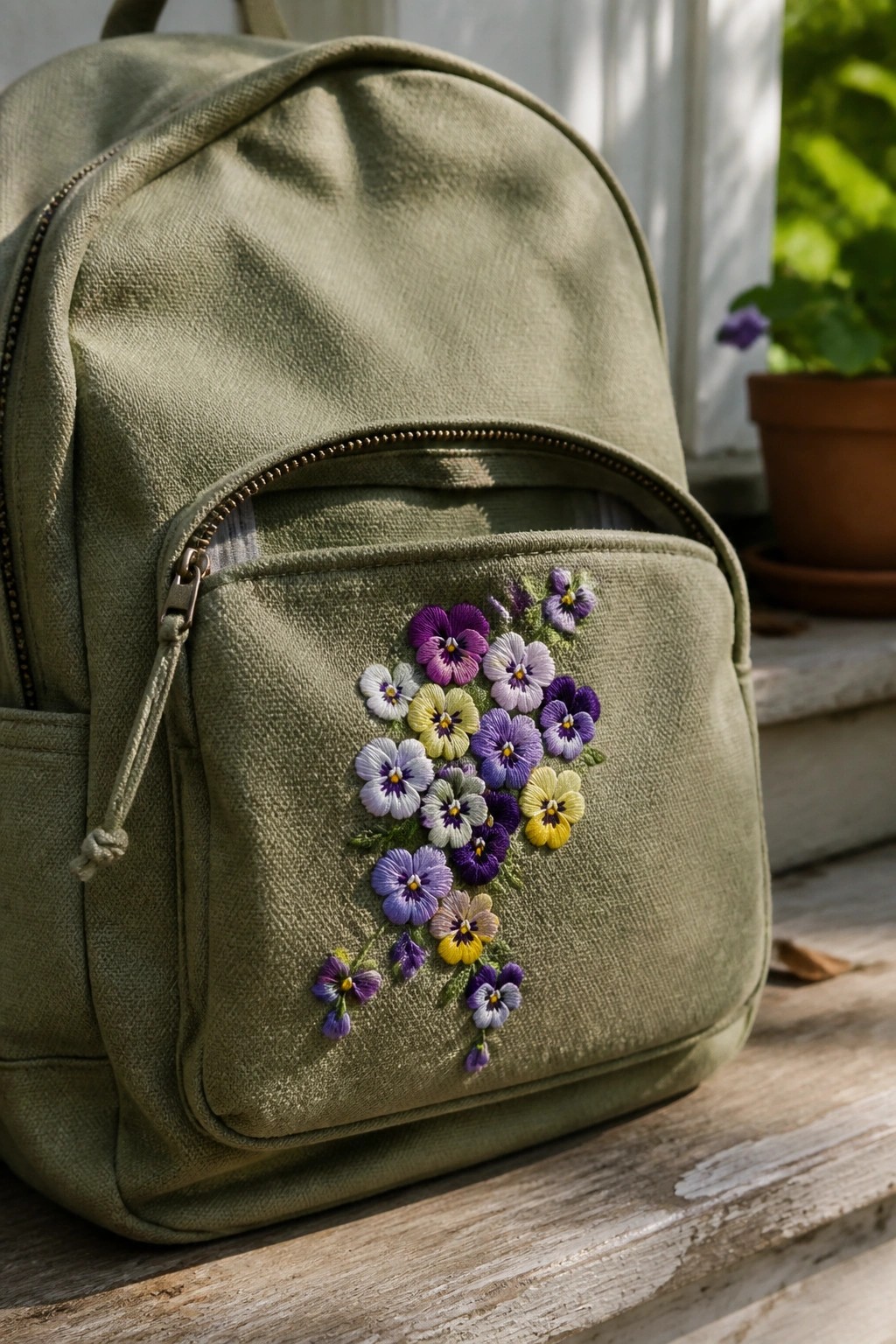 Olive green canvas backpack with vibrant embroidered pansies on front pocket outdoors.